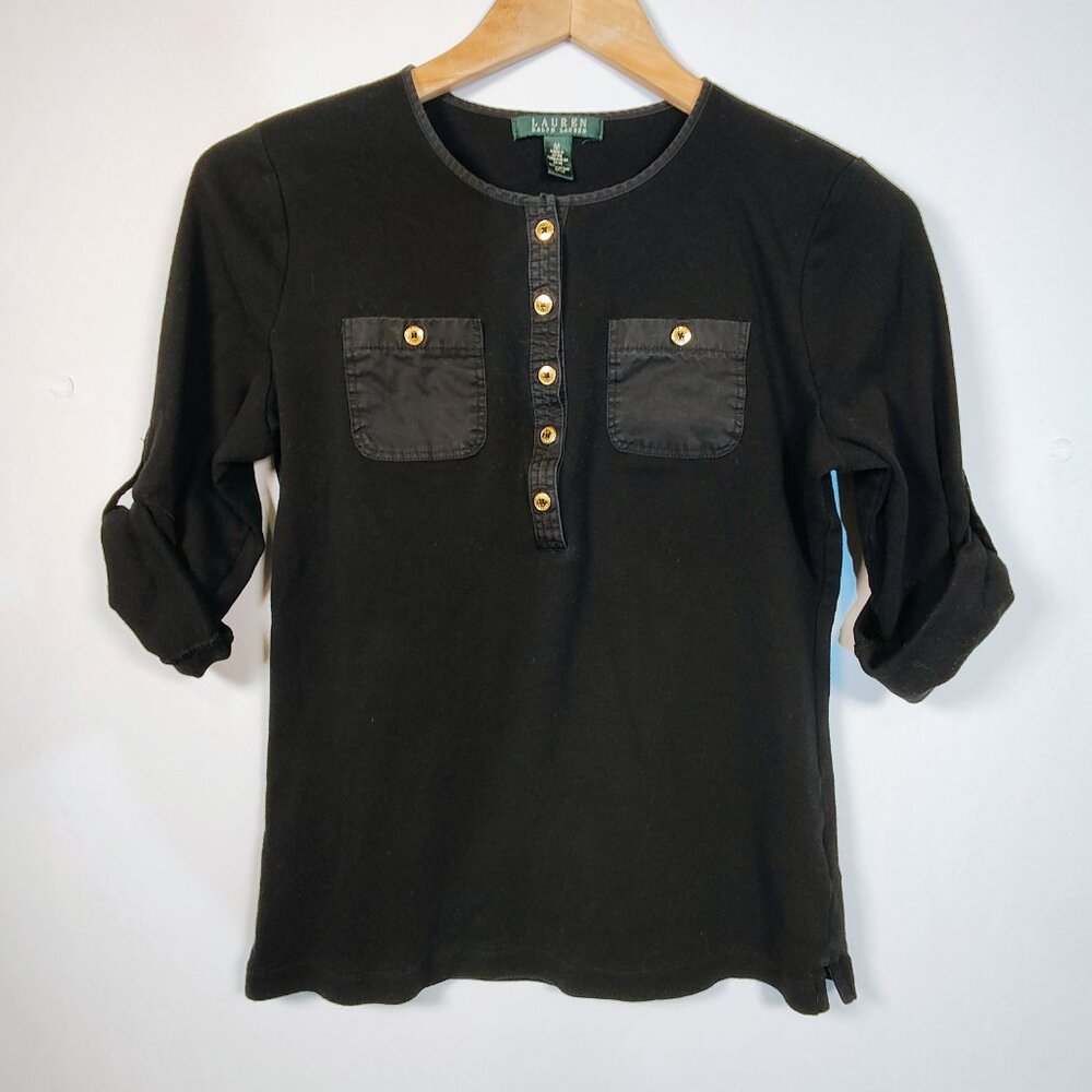 Ralph‎ Lauren Women's Medium Black Collarless Top